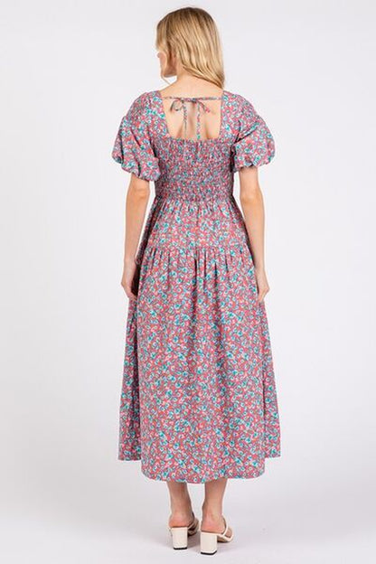 Mittoshop Smocked Floral Square Neck Puff Sleeve Midi Dress